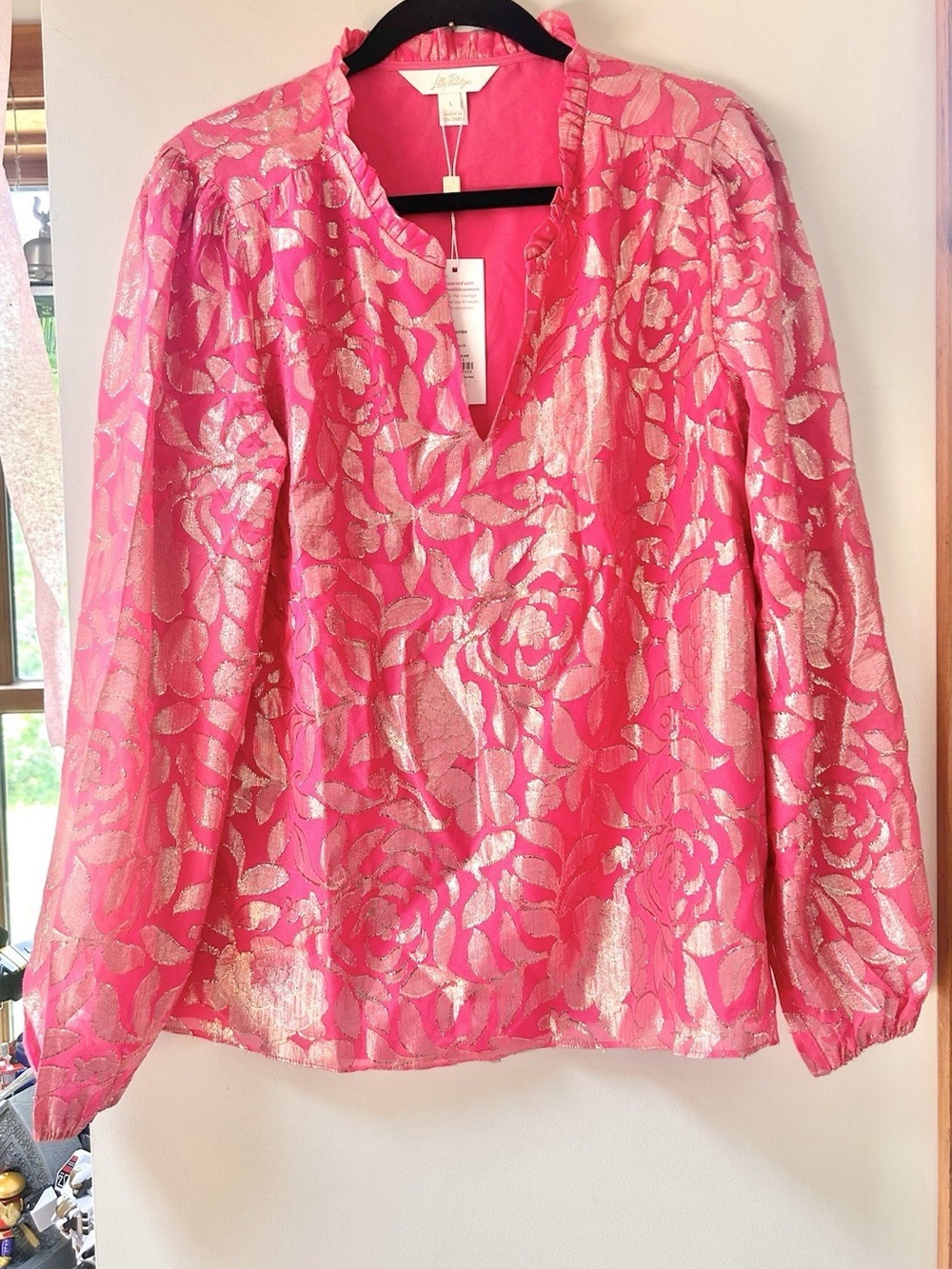 Lilly Pulitzer Giana silk Blouse Hot Pink And Gold Floral Brocade
